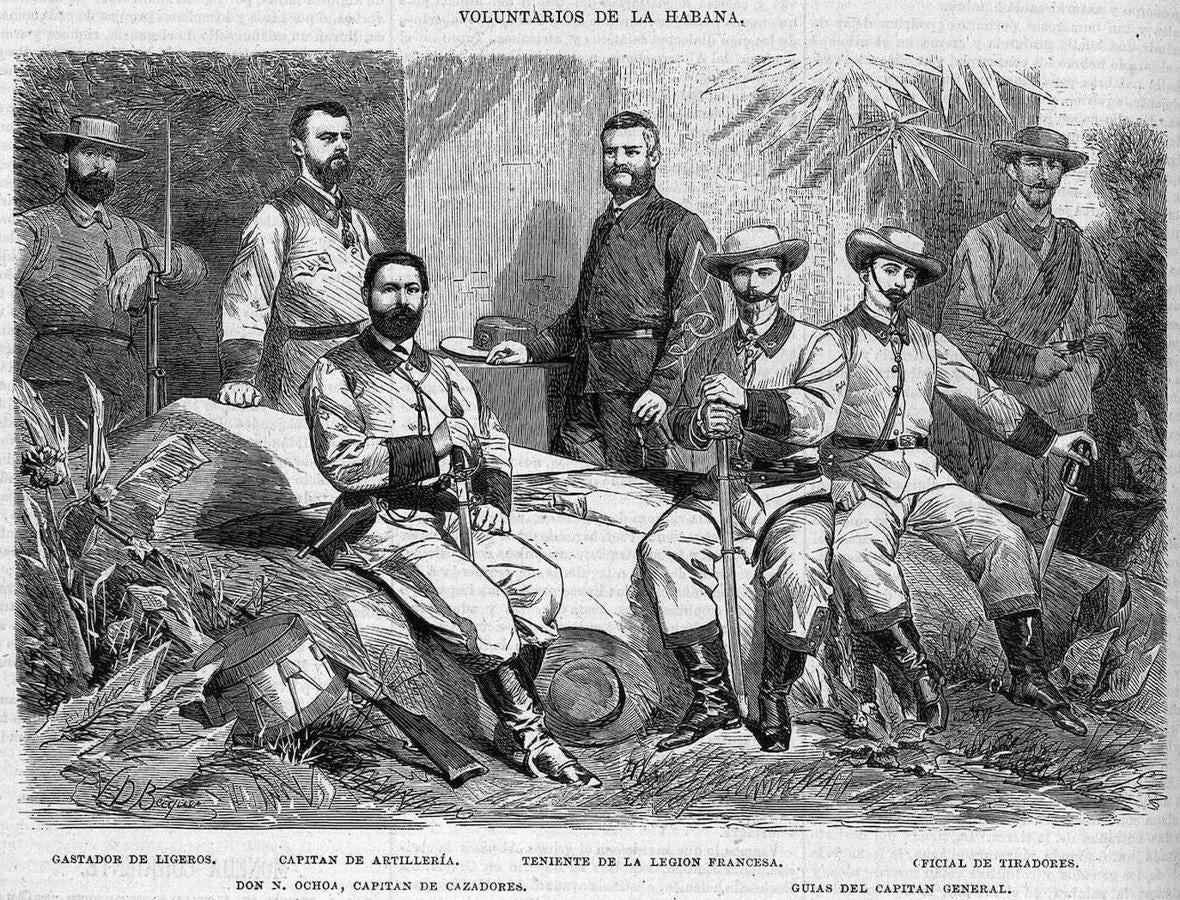 Oficiales de la primera guerra de Cuba. Grabado de Valeriano Domínguez Bécquer. La Ilustración de Madrid, 27 de mayo de 1870.. 