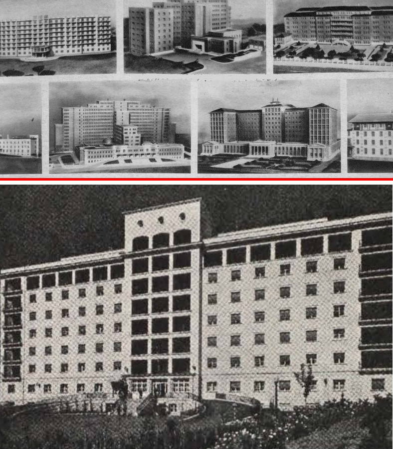Arriba, modelos hospitalarios de varios arquitectos para el Plan Nacional de Instalaciones Sanitarias (1945). Abajo, proyecto de Álvarez de Sotomayor para el hospital de Málaga inaugurado en 1956. El esquema de la fachada lo replicaría después en Toledo. 