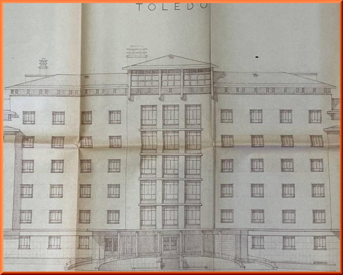 Fragmento del alzado de la fachada principal del hospital de Toledo, incluido en el primero proyecto de Álvarez de Sotomayor (1960). Archivo Municipal de Toledo. 