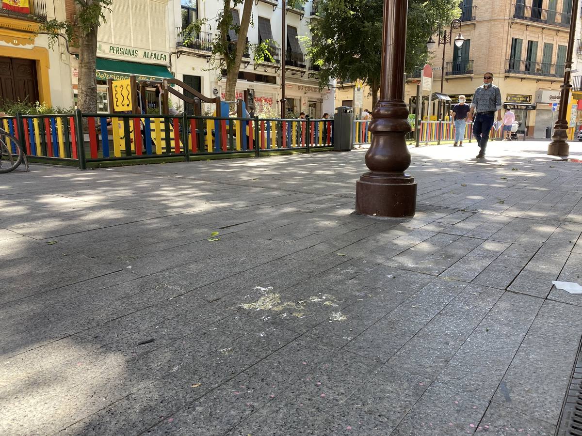 Costras de suciedad en las principales calles peatonales de Sevilla