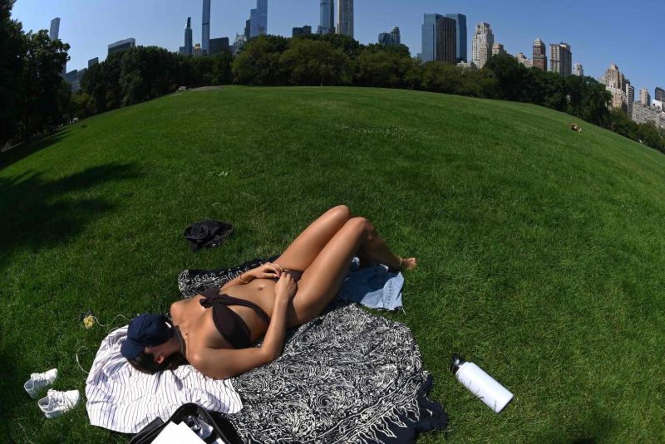 Otra mujer se broncea en Central Park, antes de que estar al sol se vuelva insoportable. 