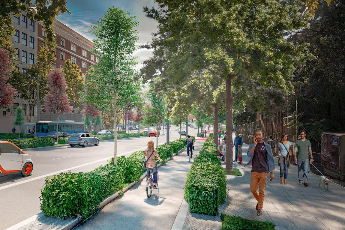 El futuro aspecto de Joaquín Costa. Recreación de la metamorfosis que sufrirá la zona en los próximos meses, diseñada por el Área de Obras y Equipamientos del Ayuntamiento de Madrid. El objetivo es que el eje Joaquín Costa-Francisco Silvela recupere el aspecto que tenía en el siglo XIX, con aceras más anchas y verdes.