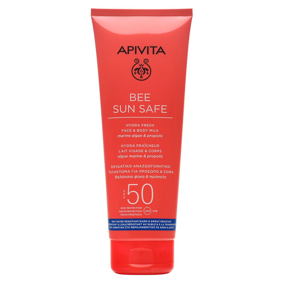 Leche solar facial y corporal Hydra Fresh Bee Sun
				Safe de Apivita. Esta crema solar para rostro y cuerpo
				ofrece una sensación inmediata de frescura e hidratación en la piel.
				Proporciona una protección de amplio espectro frente a la radiación
				UVA y UVB, con una combinación foto estables de filtros solares. Los
				protectores solares BEE SUN SAFE protegen la piel y el ecosistema
				marino, gracias a sus fórmulas limpias con ingredientes
				biodegradables sin filtros solares perjudiciales para los corales.
				Además, cuenta con embalajes sostenibles, fabricados con materiales
				reciclados y reciclables. (22,80 €).