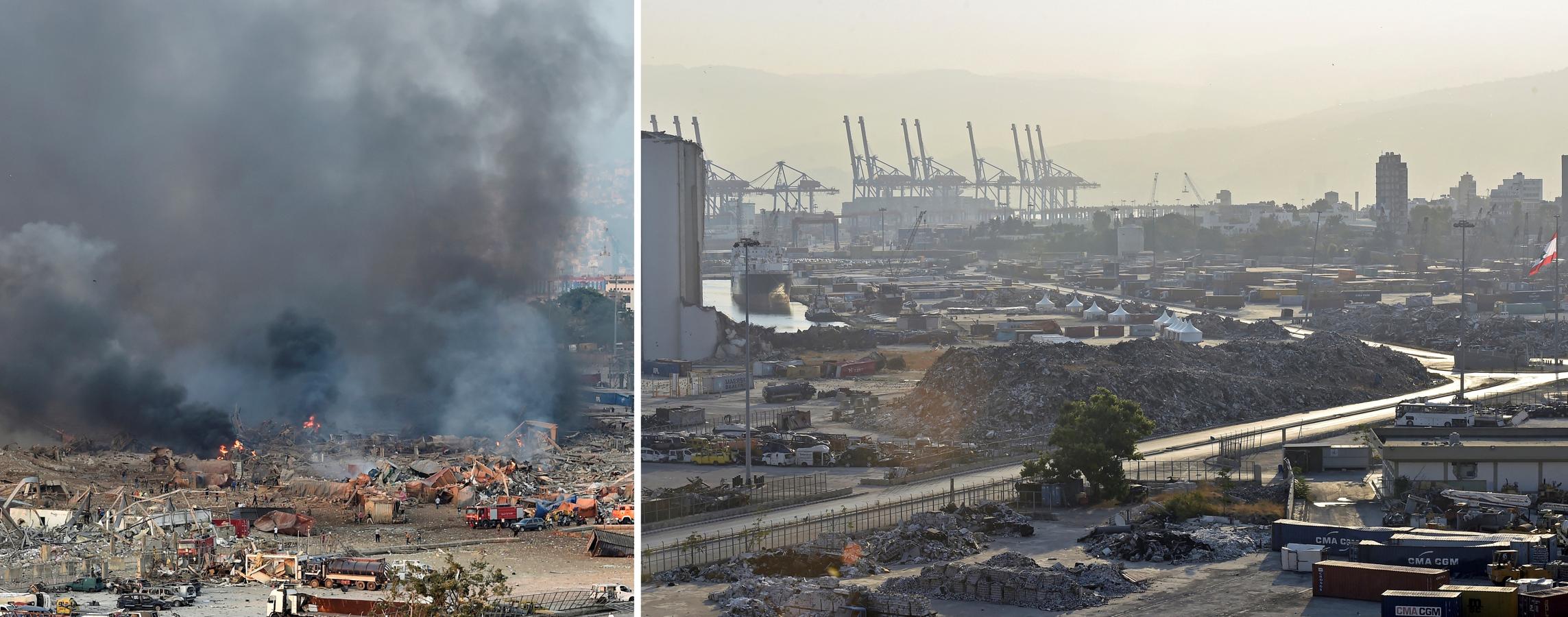A la izquierda, el puerto de Beirut el día de la explosió; a la derecha, un año después. 