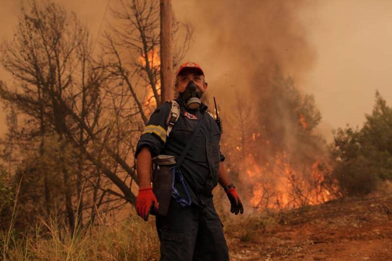 Un bombero hace una pausa debido a la escasez de agua mientras lucha contra las llamas durante un incendio forestal en el pueblo de Istiaia en la isla de Evia, Grecia. 