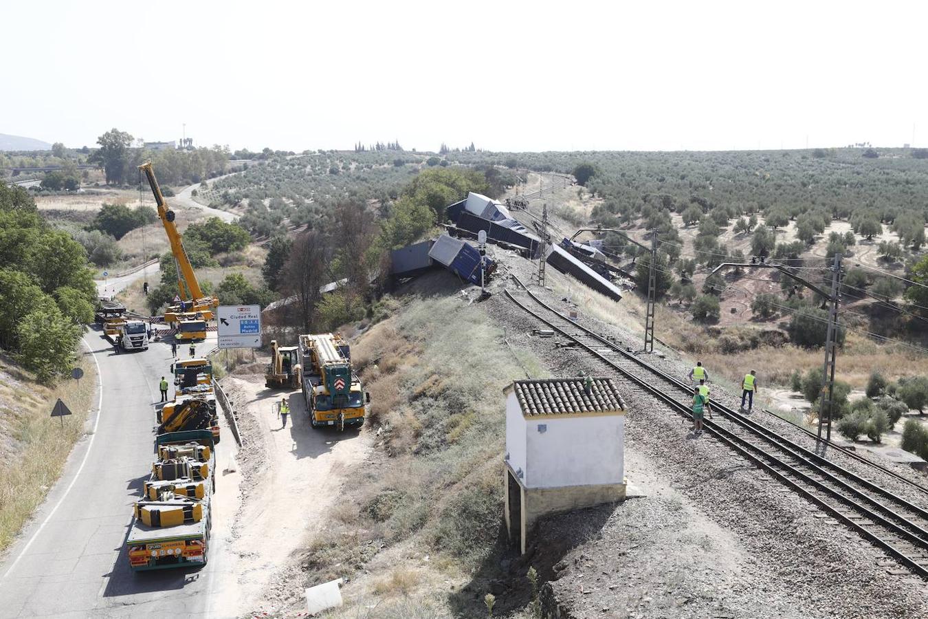 La retirada de los vagones del tren de mercancías en Montoro, en imágenes