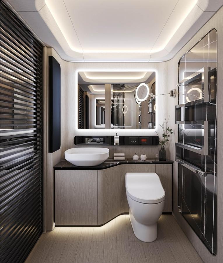 Dembell, la autocaravana inspirada en un yate. El baño también es muy amplio y posee toda la equipación con acabados de cerámica, muy sofisticados.