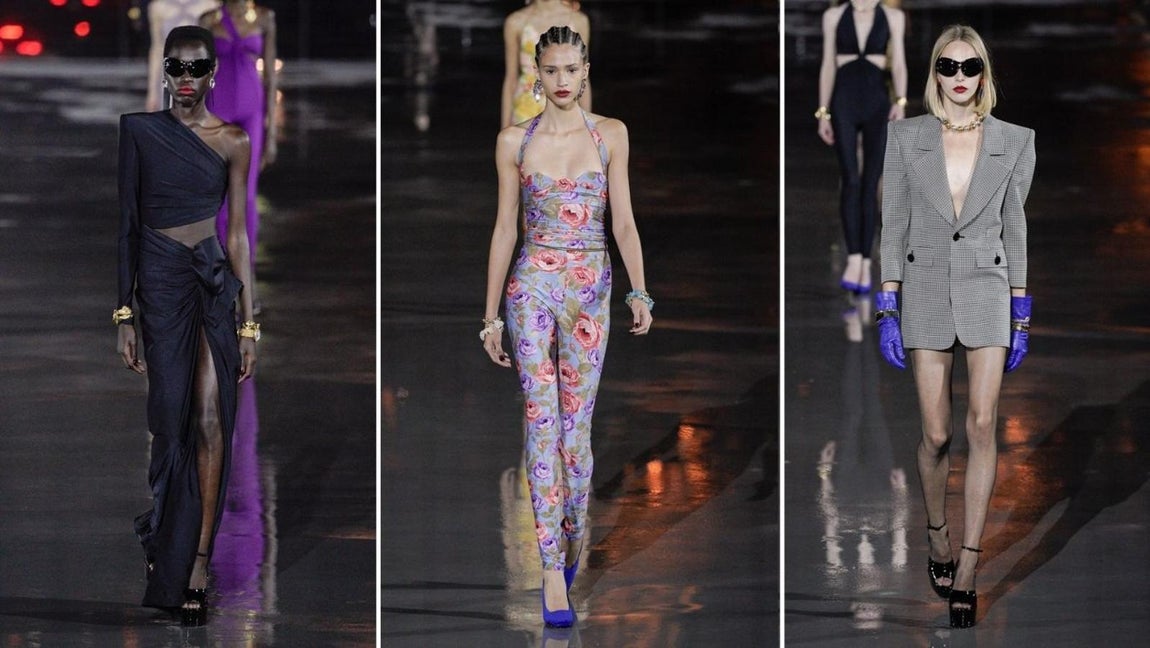 Saint Laurent - PFW primavera-verano 2022. Uno de los desfiles más esperados que no ha defraudado y en donde en esta ocasión España ha tenido un papel destacado, pues Anthony Vaccarello se ha inspirado en la amistad de Saint Laurent con Paloma Picasso, quien ejerció de musa. En la colección se han visto desde las hombreras muy marcadas, escotes vertiginosos y asimetrias tan características de la marca, a monos ultra ceñidos con estampados de flores y vestidos llenos de movimiento. Todo ello repleto de reminiscencias retro con un toque futurista que se ha logrado gracias a los complementos.