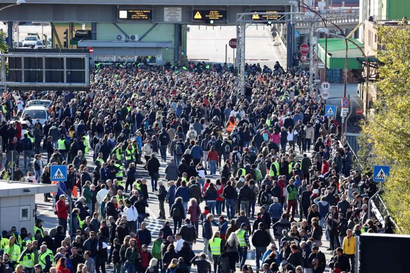 Estibadores y trabajadores portuarios protestan en el puerto de Trieste, donde se han congregado cerca de 7.000 personas contra el certificado. 