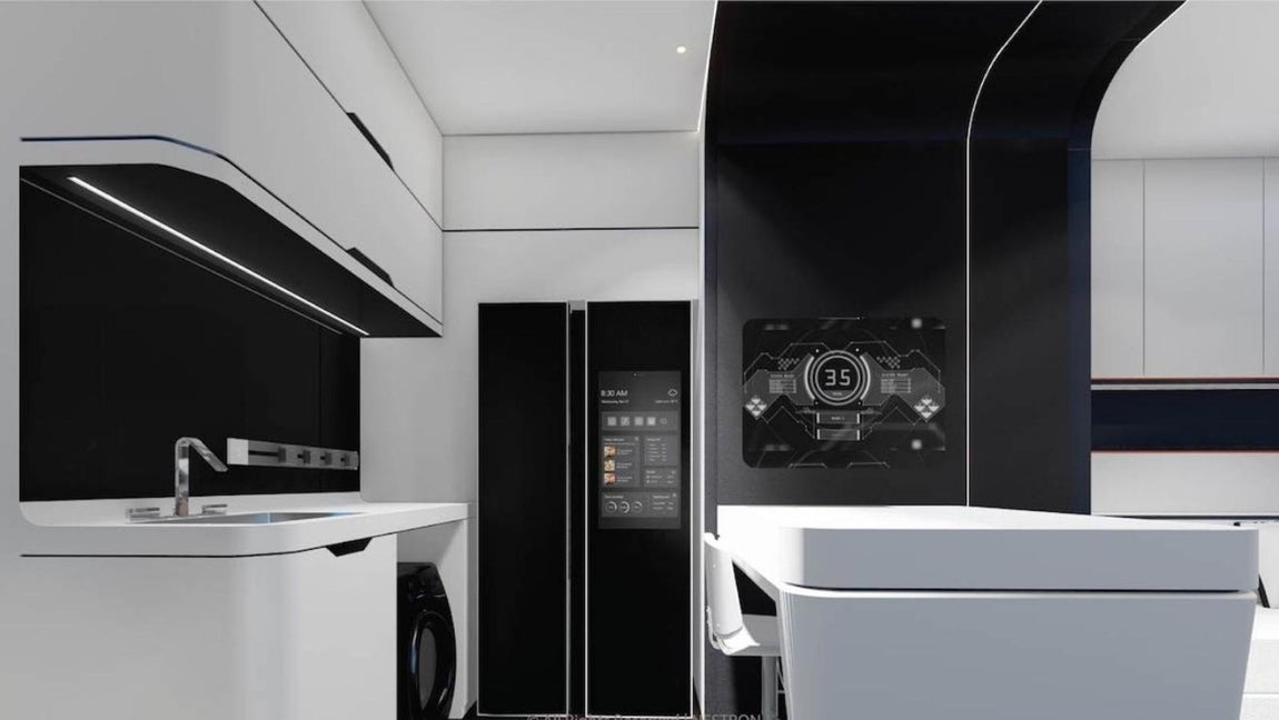 La casa prefabricada futurista de 85.000 euros. La cocina viene con una mesa biplaza y fregadero. Bajo demanda se puede instalar un frigorífico de dos puertas, cocina de inducción y horno.