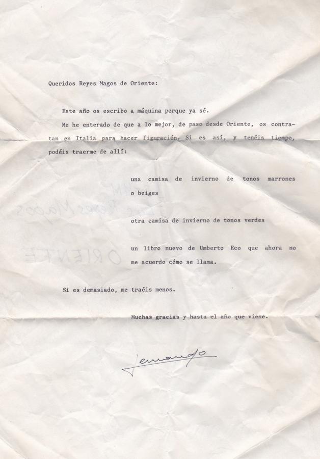 Carta a los Reyes Magos que Fernando Fernán-Gómez escribía cada año a petición de Emma Cohen. 