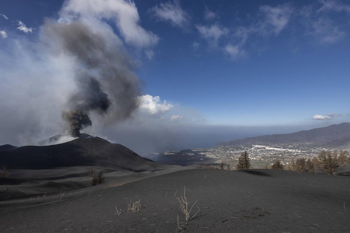 Desde el camino de Cumbre Vieja vemos la primera panorámica del cono completo del volcán, la colada de lava que sepulta varios cientos de casas y plataneras y el municipio de Los Llanos. Ya hace días que las coladas llegan al mar en la parte oeste de la isla de La Palma. 