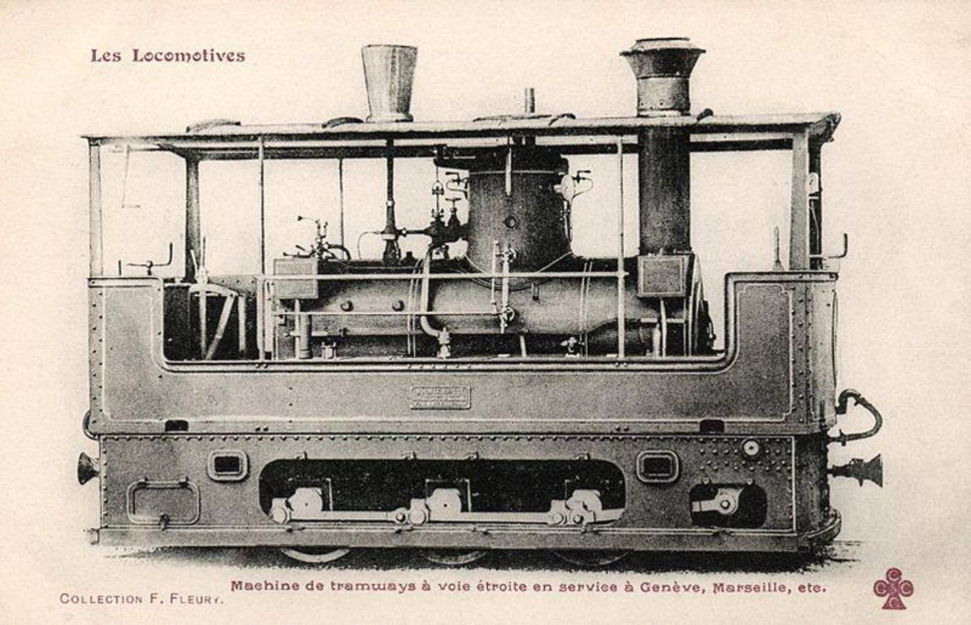 Lámina con un modelo de máquina de vapor, en 1900, empleada en líneas de tranvías franceses y suizos. 