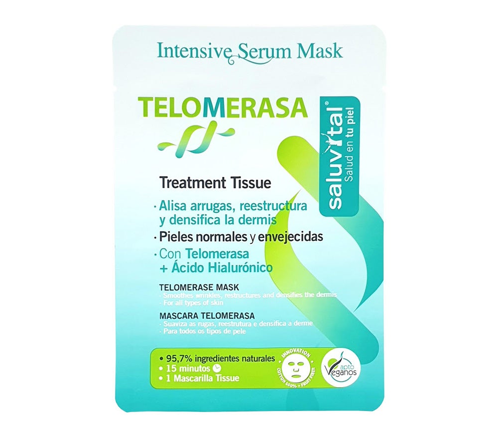 Mascarilla. Las mascarillas destacan por sus fórmulas concentradas y su efecto flash inmediato, lo que las convierte en aliados para tener buena cara. La mascarilla Sérum Intensivo Telomerasa Saluvital de laboratorios Unidex-Farma ((2 €) está impregnada con un sérum concentrado en telomerasa que alisa arrugas, reestructura y densifica la dermis. La telomerasa son capas de ADN en los extremos de los cromosomas que protegen sus células del envejecimiento. Esta mascarilla, en formato monodosis, está compuesta por un tejido de algodón 100% e incluye un 95,7% de ingredientes naturales.