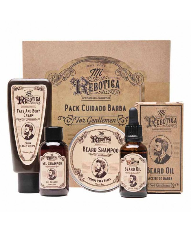 Pack Cuidado Barba de Mi Rebotica. Un regalo perfecto para los hombres que tienen barba, de la mano de esta firma española. Incluye el champú sólido para barba que estimula el crecimiento y la revitalización del folículo piloso; el aceite nutritivo para barba, a base de almendras dulces y aceite de pepita de uva; la crema para cara y cuerpo, ligera y de rápida absorción; y el gel-champú 2 en 1 Gentlemen. 35,85 €.