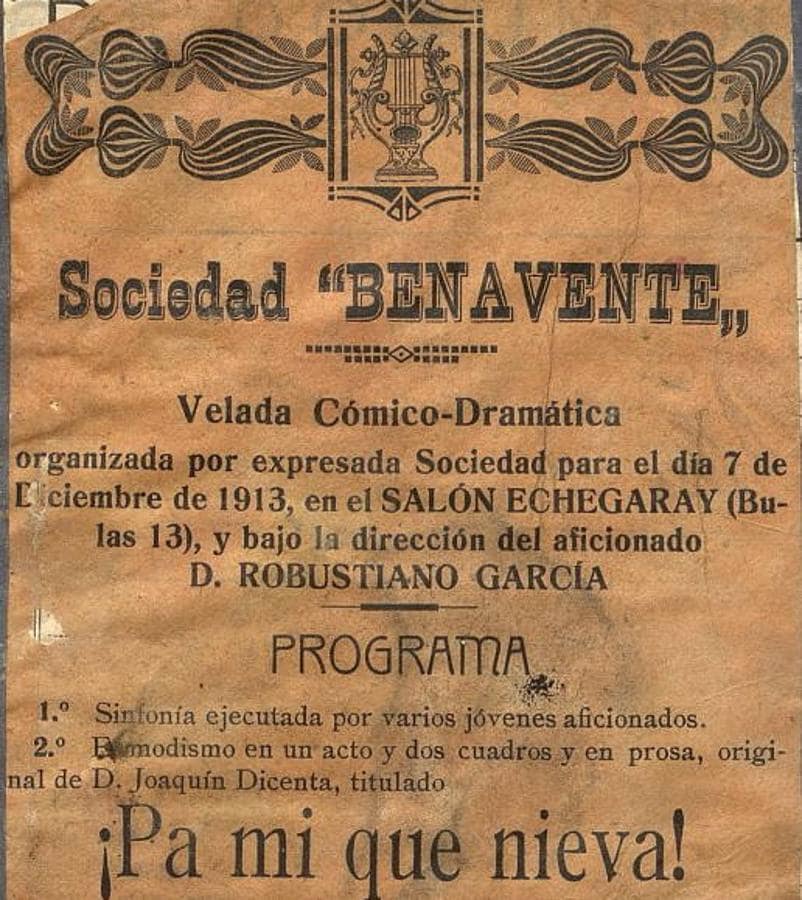Programa de la sociedad Benavente que dirigía Robustiano García, hermano de Cristino en el Salón Echegaray en 1913. Archivo Municipal de Toledo. 