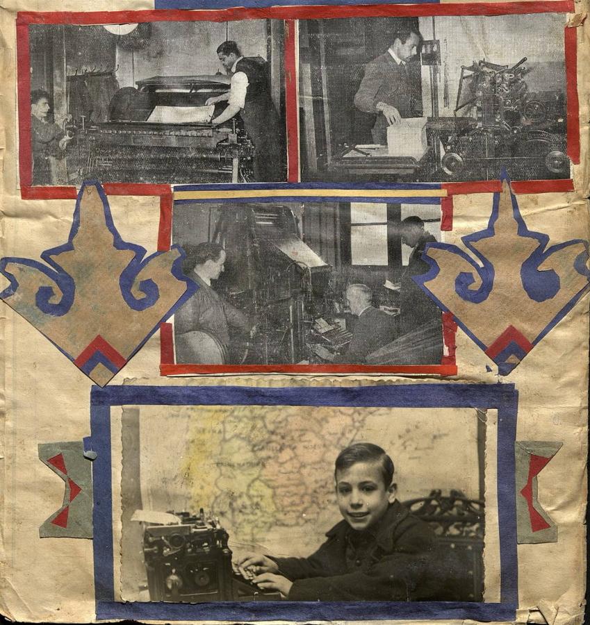 Imprenta de la Diputación Provincial en 1956. Debajo, Cristino García de niño ante una máquina de escribir. Archivo Municipal de Toledo. 