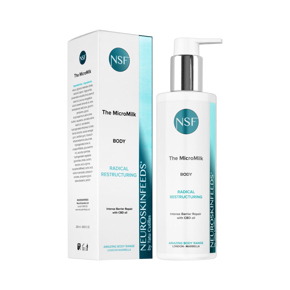 Leche corporal The MicroMilk de NeuroSkinFeeds (49 €). Su componente más innovador, el CBD del Cannabis Sativa Seed Oil, calma la inflamación y regenera la piel en profundidad gracias a su acción antioxidante y su alto contenido en vitaminas A y E. Una leche corporal apta para todo tipo de pieles, muy nutritiva, antiinflamatoria y de rápida absorción.