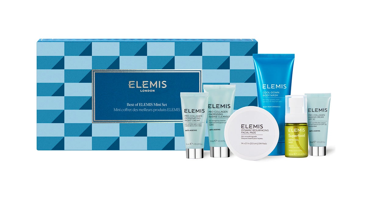 Best of Elemis Mini Set (82 €). La marca británica de cuidado facial nº1 en Reino Unido llega a España y este set con sus imprescindibles es perfecto para probarla. Incluye el limpiador Pro-Collagen Energising Marine Cleanser, los discos faciales para poros y manchas Dynamic Resurfacing Facial Pads, Superfood Kefir-Tea Mist, la crema de noche Pro-Collagen Oxygenating y limpiador corporal Cool-Down.