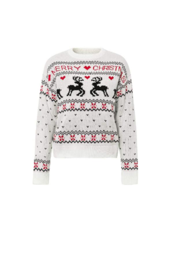 Amazon Fashion - Jerséis navideños para lucir estas fiestas. Suéter navideño de corte holgado, en blanco roto con renos y demás motivos navideños bordados, de Amazon Fashion. Precio: 34,95€.