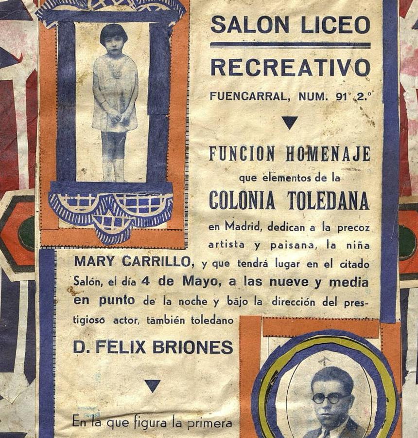 Programa (ca. 1933) en un salón recreativo de Madrid con una función homenaje de algunas personas de la «Colonia Toledana» a la «precoz artista y paisana, la niña Mary Carrillo». Archivo Municipal de Toledo. 