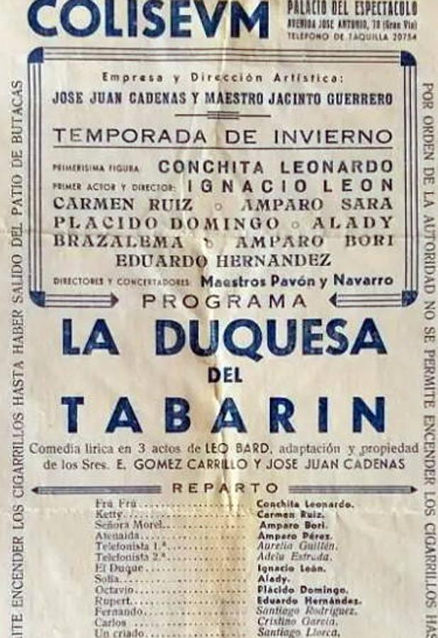 Programa de La Duquesa del Tabarín en el Teatro Coliseum de Madrid (ca. 1940), propiedad de Jacinto Guerrero. Entre los intérpretes principales aparece Plácido Domingo Ferrer. Como actor de reparto, Cristino García. Archivo Municipal de Toledo. 