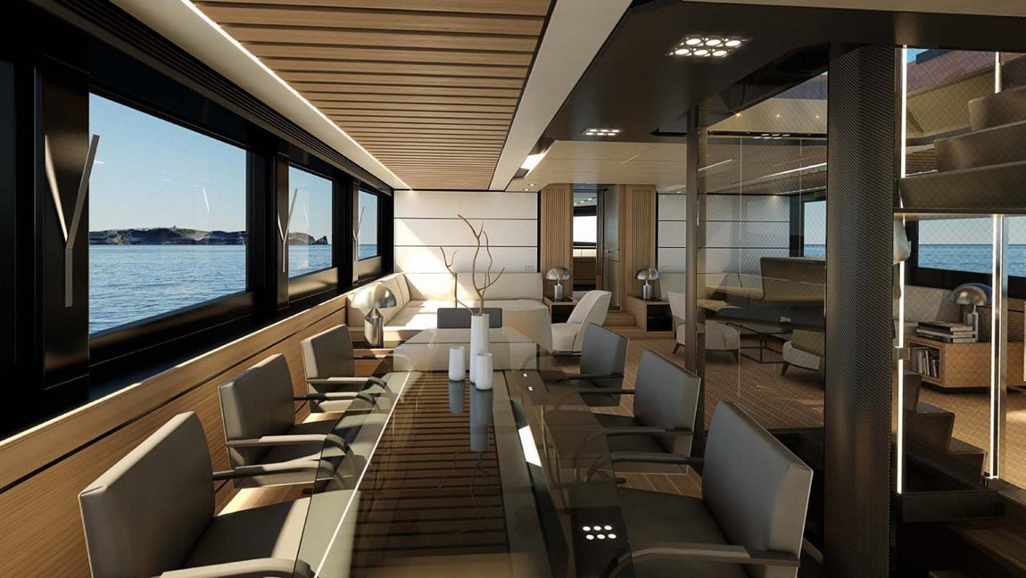 Así es el Wally WHY 200, el yate del año. El interior se presenta con un diseño moderno y funcional, con acabados en madera y tonos neutros, además de grandes ventanales que le confieren un extra de amplitud y luminosidad.