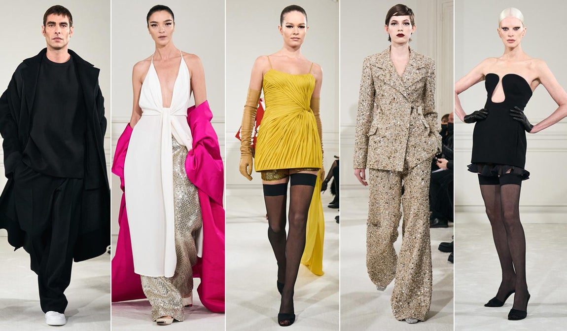 Valentino Alta Costura primavera/ verano 2022. Pierpaolo Piccioli da un giro a la concepción de la Alta Costura de Valentino con una mirada inclusiva haciendo desfilar a modelos hombres y mujeres de diferentes morfologías, razas, tallas y edades. La colección rescata la esencia de los primeros desfiles, el estudio de la silueta y muchos rostros conocidos de las pasarelas. Modelos como Maria Carla Boscono, Lara Stone, Anna Ewers, o los españoles Jon Kortajarena y Violeta Sánchez que caminaron por los salones de la Place Vendôme, en lo que la propia firma anunció como un retorno a lo realmente relevante. Vestidos de gasa, siluetas estructuradas, tradicionales volúmenes en tafeta, minivestidos confeccionados a capas y una mayor presencia del pantalón. Tras una apertura con una amplia gama de negros se daba paso a una variedad cromática en la que no faltaron el azul Klein, amarillos y naranjas neon, fucsias, violetas y verdes lima.