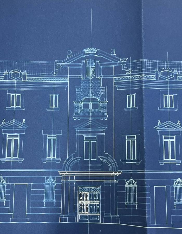 Alzado del chaflán central de la Audiencia en un plano firmado por Flaviano Rey de Viñas en 1932. Archivo Municipal de Toledo. 