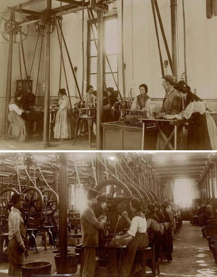 Mujeres en los talleres de carga (arriba) y de cascos (debajo) hacia 1909. Joaquín Mariné: La Fábrica Nacional de Toledo. Archivo Municipal de Toledo. 