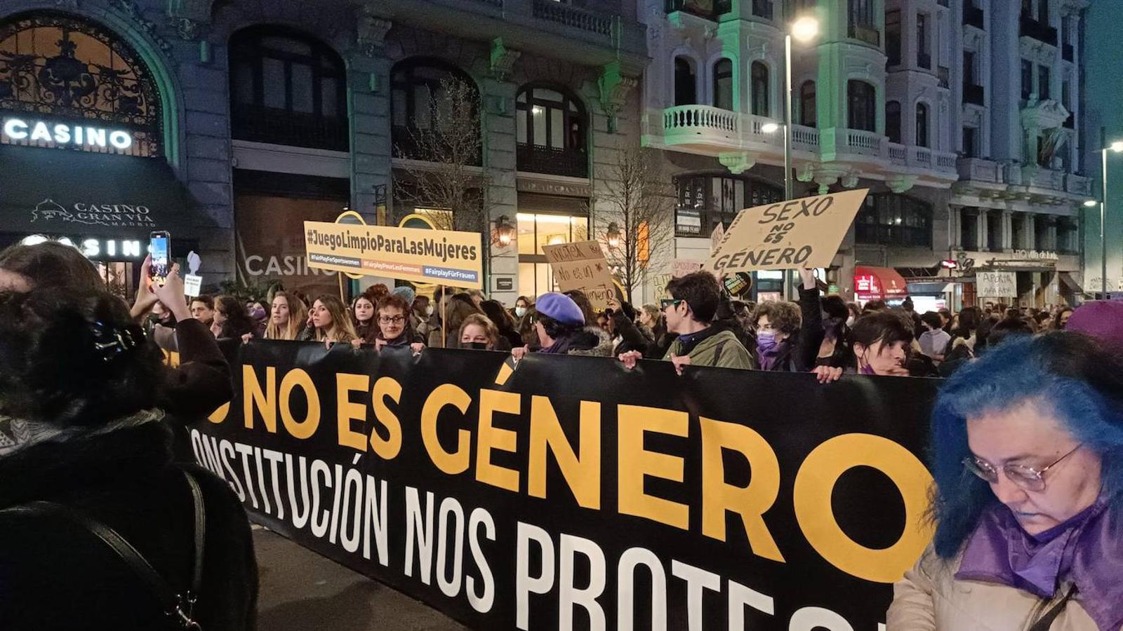 Pancarta reivindicando que el sexo no es género, en alusión a la polémica Ley Trans. 