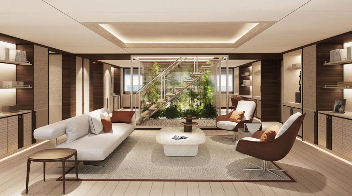 'Project 2024', el nuevo yate de 182 millones de Amancio Ortega. En cuanto al interior, se basa en un mobiliario moderno con toques setenteros en el que predominan tanto la madera como otros materiales que evocan la naturaleza como el bambú o la rafia. En el amplio salón no falta una mesa para doce comensales, que junto con los espacios abiertos, lo convierte en el lugar eprfecto para celebrar eventos de todo tipo.