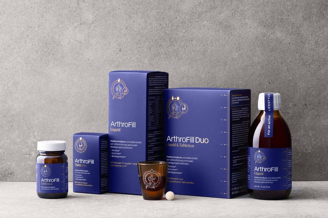 ArthroFill - Regalos para acertar en el Día del Padre. Arthrofill Duo (comprimidos + líquido). Suplementyo nutricional con ácido hialurónico puro y vegano que mejora el tejido conjuntivo refuerza el sistema inmunitario y protege frente al estrés oxidativo. Ideal para los padres más deportistas Precio: 75€.