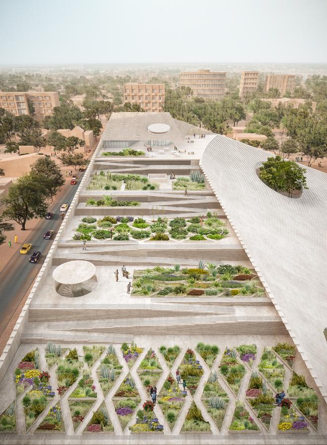 Asamblea Nacional de Burkina Faso. El hito principal del proyecto es una estructura piramidal escalonada monumental, cuya capa exterior ofrece un espacio de reunión pública único en el corazón de la capital.