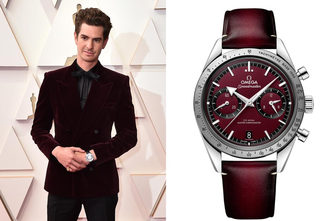 Andrew Garfield y Omega. El actor lució el modelo Speedmaster ’57 un modelo con correa y esfera en color burdeos a juego con su estilismo. En concreto, un modelo con caja de 40,50 mm, inspirado en el legendario diseño original de 1957 con índices horarios rodiados y agujas "Broad Arrow", ambos revestidos con Super-LumiNova blanco vintage. Un reloj de 8.800 euros.