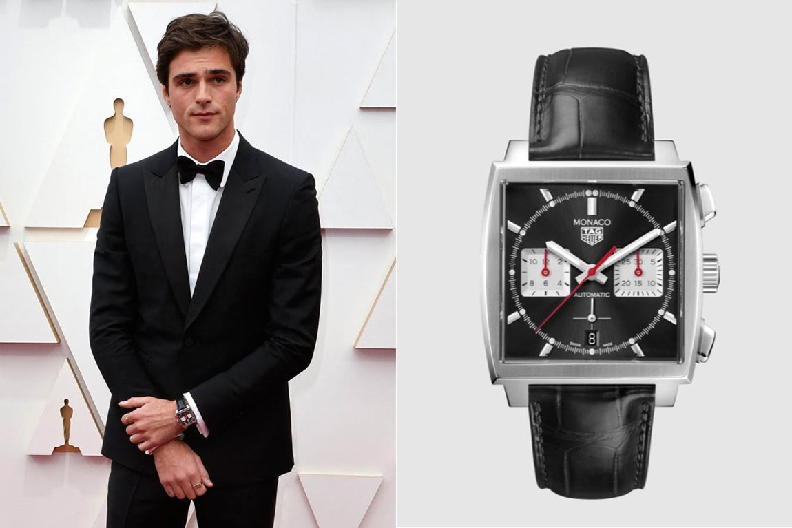 Jacob Elordi y Tag Heuer. El actor desfiló sobre la alfombra con un Tag Heuer Monaco, un cronógrafo automático de 39 mm cuya original esfera cuadrada es más que reconocible. na pieza inconformista dotada de una reserva de marcha de más de 80 horas y correa en piel de cocodrilo cuyo precio asciende a los 6.000 euros.