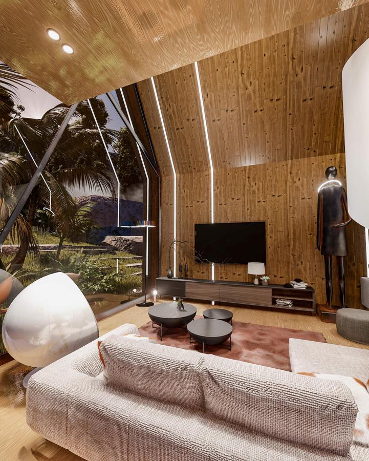 Así es 'Broken Diamond House'. Igual que sucede con los acabados de las paredes, el mobiliario tiene aires vintage y alterna las formas sinuosas con las piezas más vanguardistas, todo ello con una paleta de color en la que predominan los neutros con alguna que otra pincelada más intensa.