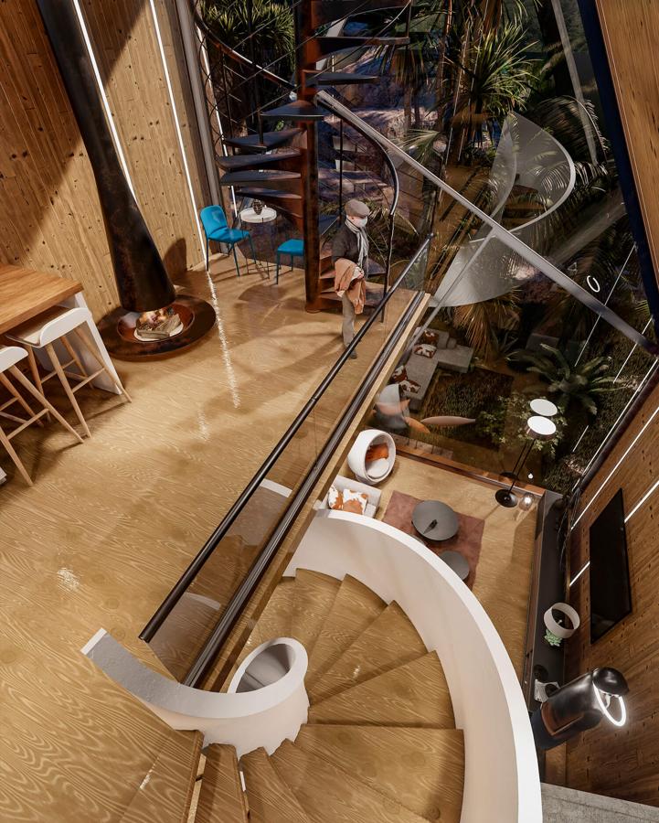 Así es 'Broken Diamond House'. La cabaña se divide en cuatro plantas comunicadas entre sóí mediante escaleras de caracol que permiten desde arriba observar las de abajo.