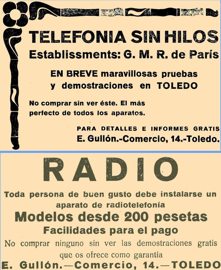 Primeros anuncios de comercios toledanos dedicados a la venta de receptores de radio publicados, en 1924, en El Castellano. 