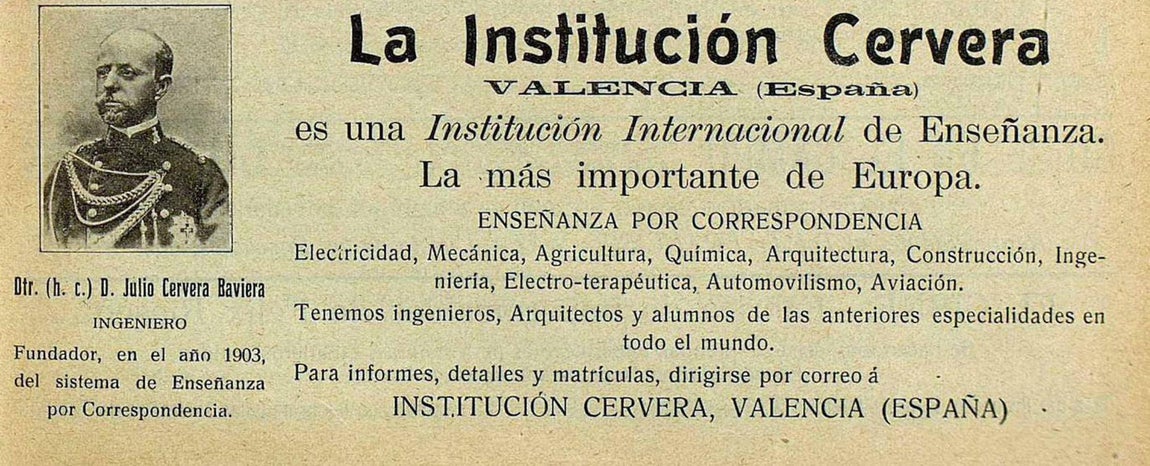 Anuncio de la Institución Cervera insertado en Toledo. Revista de arte, entre 1917 y 1922. Su director, el militar Julio Cervera fue un pionero de la radio. Realizó pruebas de trasmisión de voz antes que lo hiciera Marconi en 1913.. 