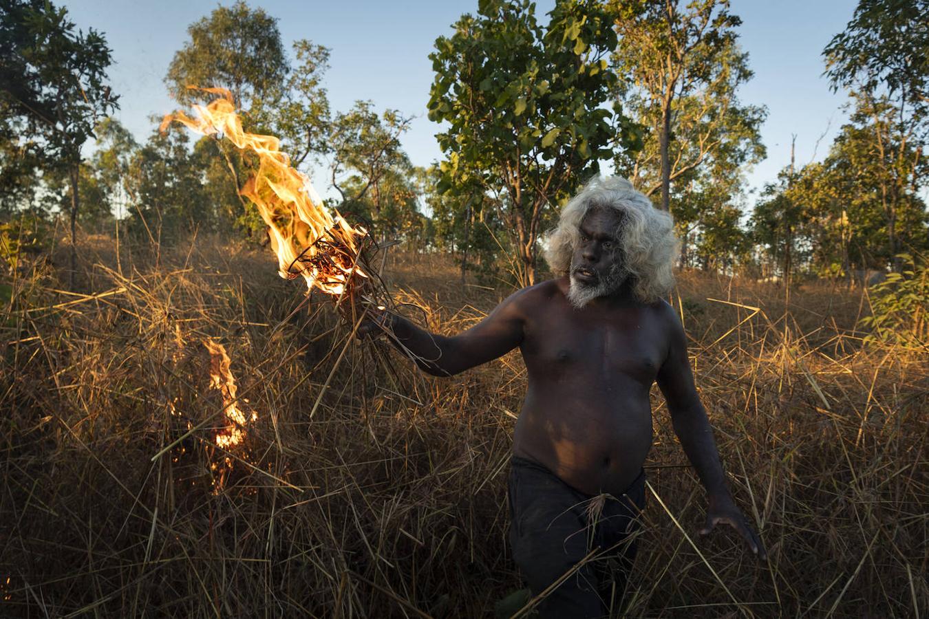 Salvando los bosques con fuego. Los indígenas australianos queman estratégicamente la tierra en una práctica conocida como quema fría, en la que los incendios se mueven lentamente, queman sólo la maleza y eliminan la acumulación de combustible que alimenta las llamas más grandes. El pueblo nawarddeken de la Tierra de Arnhem occidental (Australia) lleva decenas de miles de años practicando la quema fría. en la foto, que ha sido distinguida con el premio de 'Historia del año', aparece Conrad Maralngurra, un anciano nawarddeken, quemando hierba para proteger a la comunidad. El fuego nocturno se extinguirá de forma natural cuando baje la temperatura y aumente el nivel de humedad.