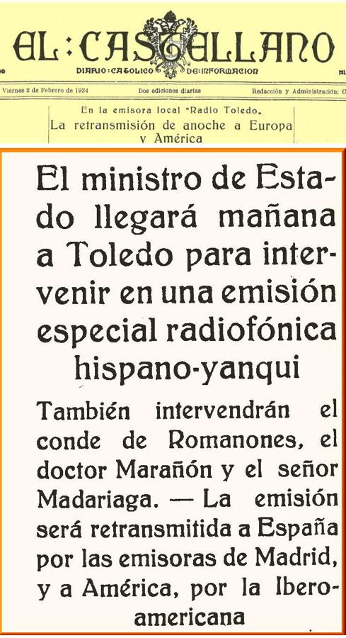 Reseñas de El Castellano. Arriba, el titular referido a la primera emisión oficial el 1 de febrero de 1934. Abajo, el acto celebrado en el Hotel Castilla, el 6 de julio de 1935. Ambos eventos también los retransmitió E.A.Q. Transradio Española. 