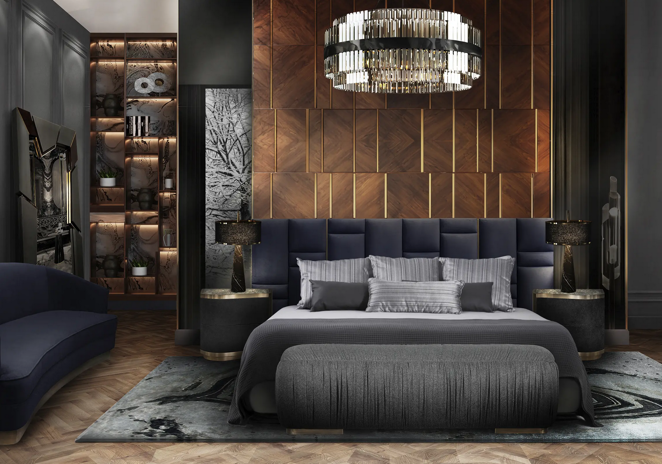 Villa de lujo en San Petersburgo. En el dormitorio principal contrastan los suelos y techos claros con las paredes oscuras. Aquí no falta los artículos de lujo de Luxxu como una suave alfombra, un candelabro que cuelga sobre la cama, las mesitas de noche y un sofá perfectamente integrado del mismo tono que el cabecero.