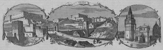 El alcázar, Toledo visto como museo y la catedral en una litografía de Joaquín Sierra Ponzano con dibujos de Fernando Miranda (El Periódico Ilustrado, 5 de agosto de 1866).. 