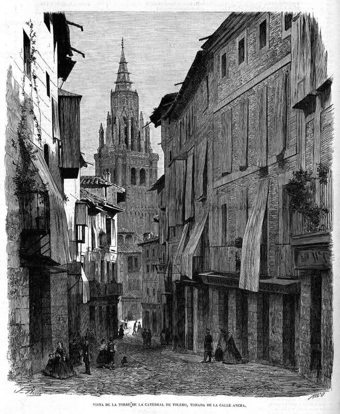 La Calle Ancha o del Comercio y la catedral en la época de Sixto Ramón Parro. Litografía de Bernardo Rico con dibujo de Federico Ruiz (El Museo Universal, 20 de marzo de 1864).. 