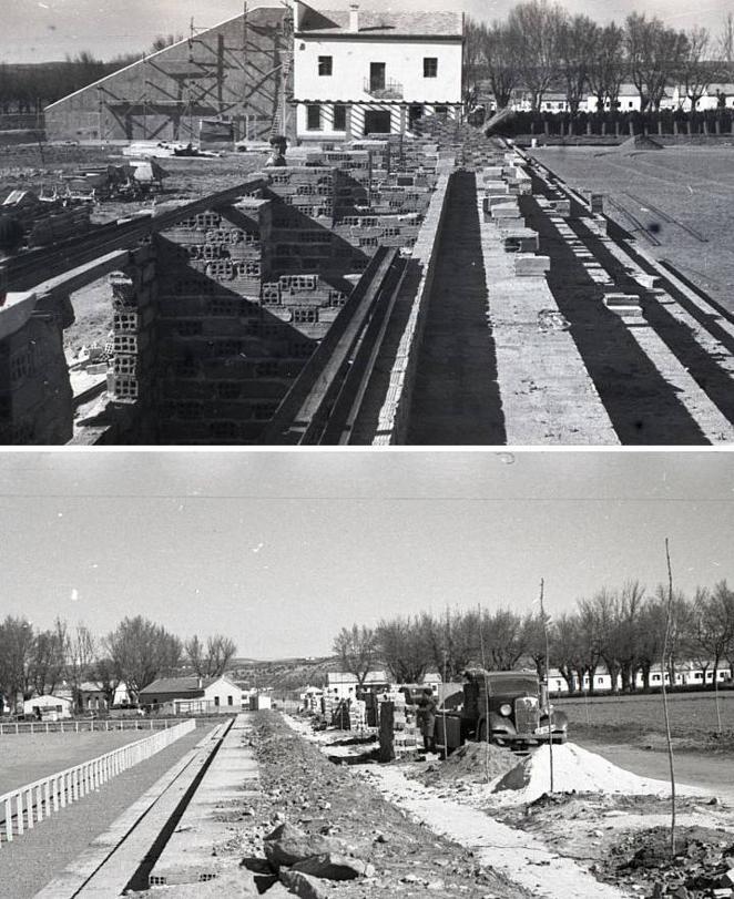 Obras del campo de fútbol de la Fábrica de Armas. Arriba, el graderío sur, los vestuarios y el frontón. Abajo, edificación del vallado norte. Archivo Municipal de Toledo. 