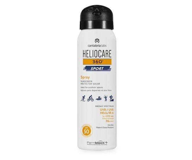 Heliocare 360º Sport Spray Spf 50. Spray fotoprotector corporal con efecto refrescante cooling effect durante su apliación. Gracias a su textura ultraligera en spray y de tacto seco, se puede aplicar fácilmente en cualquier zona, incluso con vello. Es resistente al agua, y al sudor, y apto para todo tipo de pieles, incluso las más sensibles. (18 €)