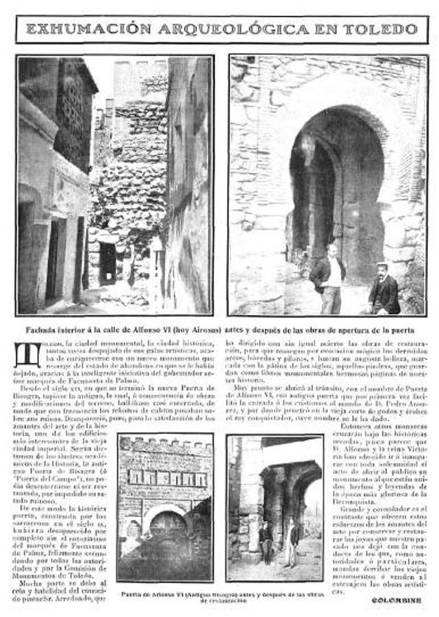 Página de la revista Nuevo Mundo (7-11-1907). Artículo de Colombine (Carmen de Burgos) sobre la restauración de la puerta de Alfonso VI. 