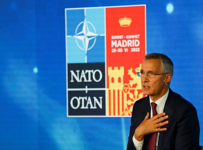 El secretario general de la OTAN, Jens Stoltenberg, durante su discurso de apertura de la cumbre en IFEMA.. 