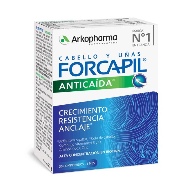 Forcapil Anticaída (29,90 €). Complemento alimenticio a base de tres aminoácidos de origen 100% vegetal, dos plantas medicinales, vitaminas y minerales, que favorece la fuerza, el crecimiento, la resistencia y la densidad del cabello. Es la fórmula premium de Arkopharma para prevenir la caída capilar en los cambios de estación, por estrés, etc. Se debe tomar un comprimido al día durante al menos 3 meses.